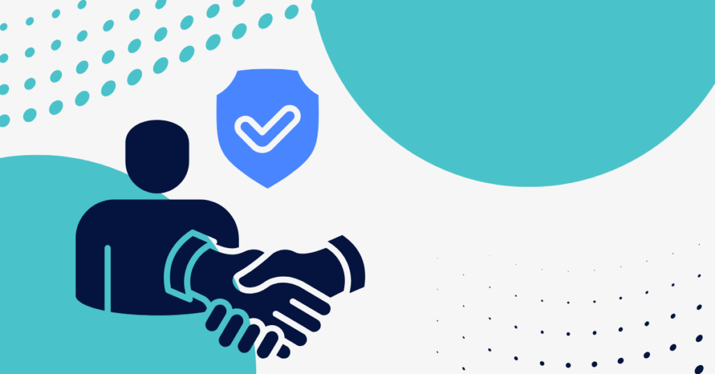 Illustration of a business handshake with a security shield and verification checkmark, representing trust, cybersecurity, compliance, secure partnerships, and protected digital business operations.