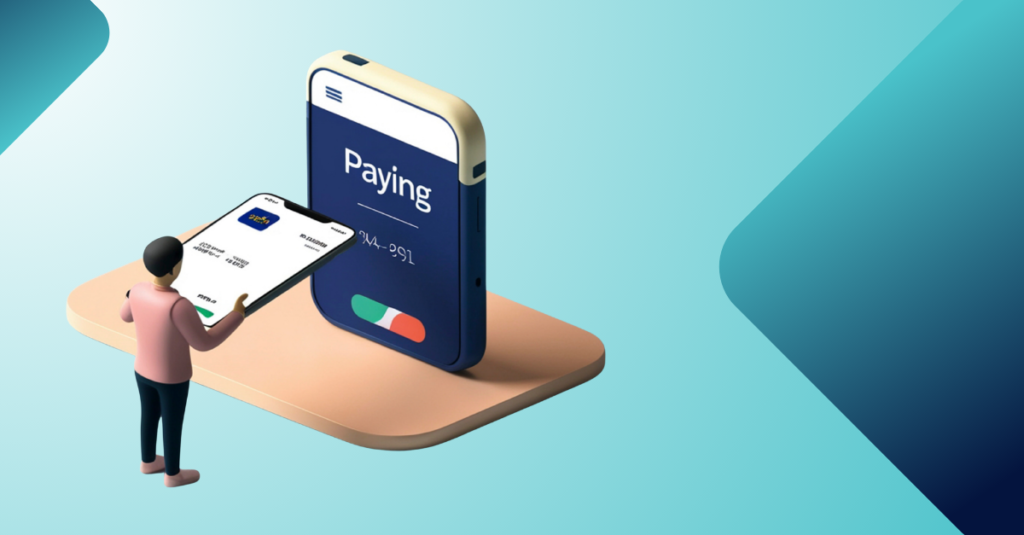 3D illustration of a person using a smartphone to make a digital payment on a mobile device, representing electronic payments, fintech innovation, mobile banking, contactless transactions, and modern payment technology.