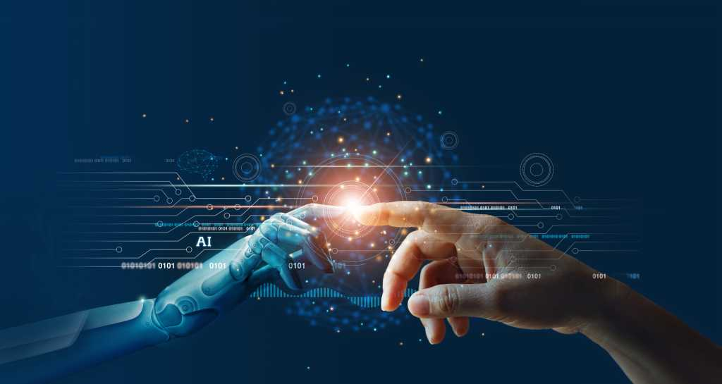 Human hand and AI robotic hand touching fingertips with digital network connections, symbolizing artificial intelligence, automation, innovation, and human-AI collaboration in modern business technology.
