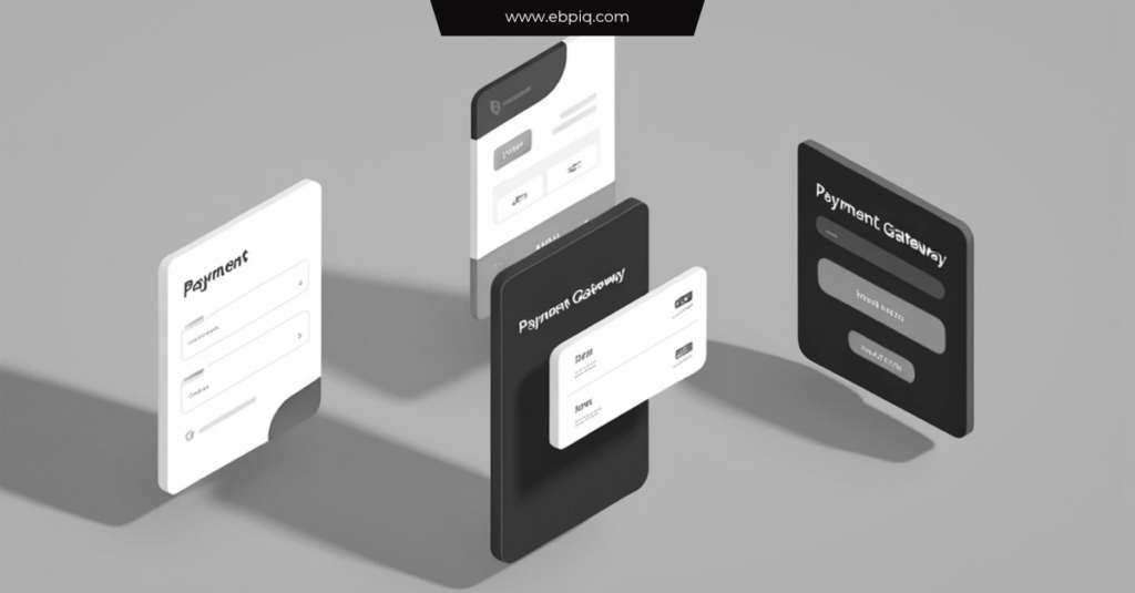 Modern 3D illustration of a secure payment gateway interface with floating payment forms and authentication screens, representing ACH payment processing, digital transactions, and fintech security.