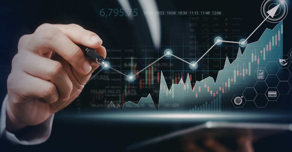 Business professional analyzing digital performance charts, representing operational visibility, payment monitoring, risk detection, data analysis, and faster decision-making for financial institutions.