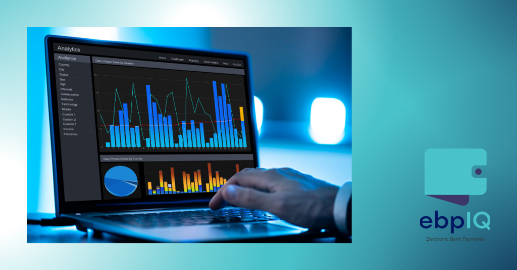 Payment analytics dashboard displayed on a laptop, representing payment monitoring, operational visibility, connected data, alert prioritization, and data-driven payment decisions.