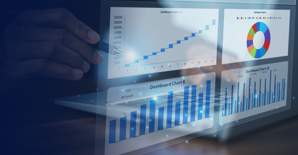 Digital analytics dashboard displaying transaction charts and performance data, representing ACH payment monitoring, payment analytics, operational visibility, risk management, and data-driven decision-making.