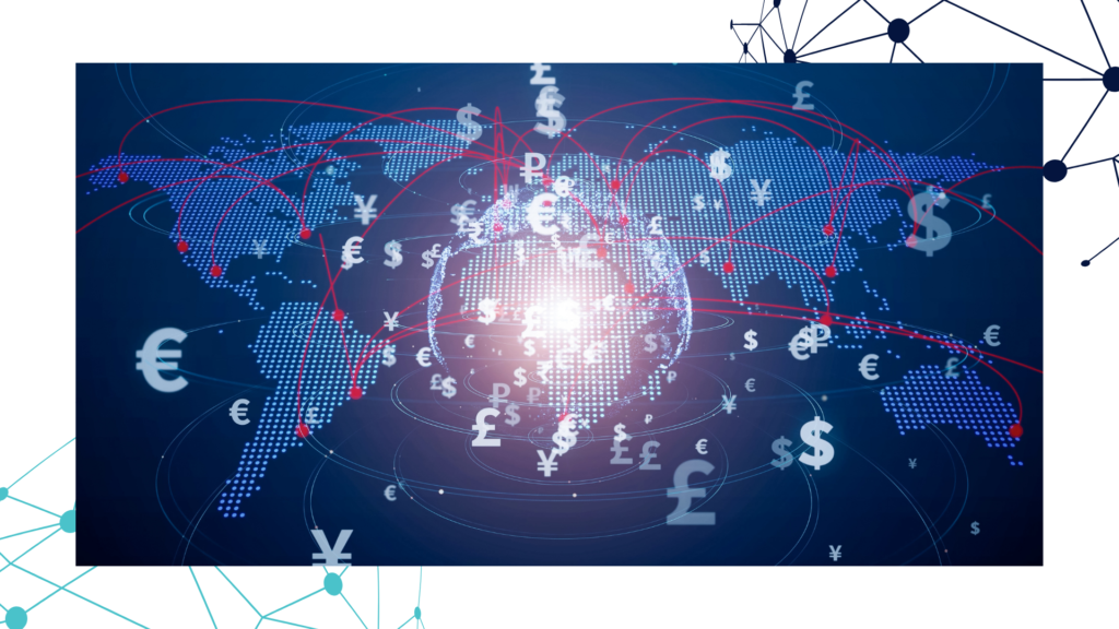 Digital world map showing international payment connections, multiple currencies, and global transaction flows across financial networks.
